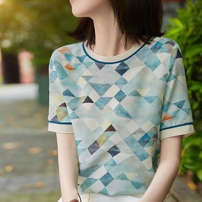 Artificial Silk Loose Slimming Ice Silk Top Printed Chiffon Shirt Fashionable Temperament Short Sleeve T-shirt