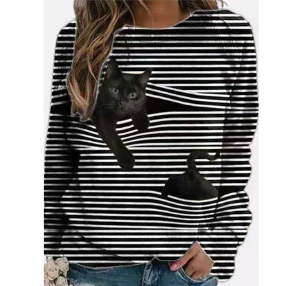 3D Cartoon Pattern Round Neck Stripe Long Sleeve T-shirt