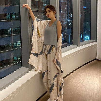 Cotton Silk Three-piece Pajamas Comfortable Long-sleeved Coveralls