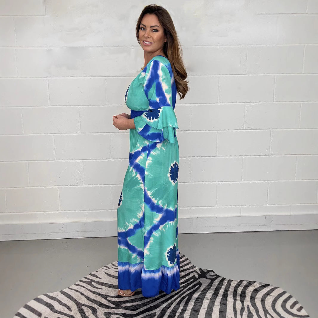 Women's Plus Size Tie-dye Printed Bell-sleeve Wide-leg Jumpsuit