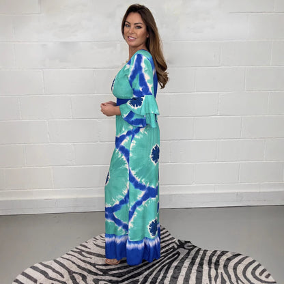 Women's Plus Size Tie-dye Printed Bell-sleeve Wide-leg Jumpsuit
