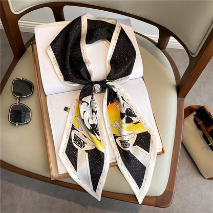Thin Narrow Long Shirt Scarf Houndstooth Design Double Layer Imitated Silk Scarves Women's Hair Tie