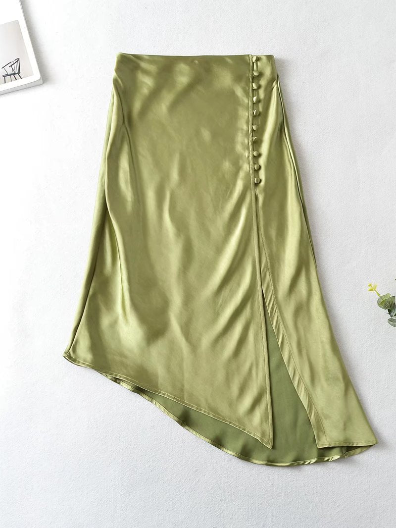 Women's Fashion Irregular Buttoned Silk Satin Textured Skirt