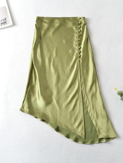 Women's Fashion Irregular Buttoned Silk Satin Textured Skirt