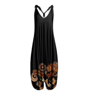 Printed Sleeveless Loose Milk Silk Suspender Jumpsuit