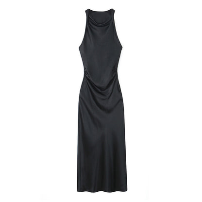 Women's Fashion Sleeveless Pleated Waist Tight Silk Satin Dress