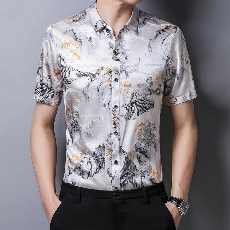 Chinese Style Silk Satin Shirt Short Sleeve
