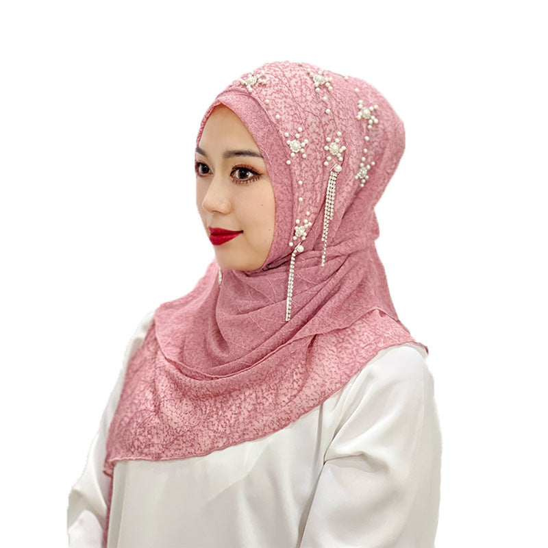Malay Ladies Tassel Solid Color Headscarf Gold Silk Beaded