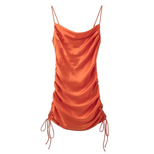 Women's Fashion Pleated Embellished Silk Satin Textured Dress
