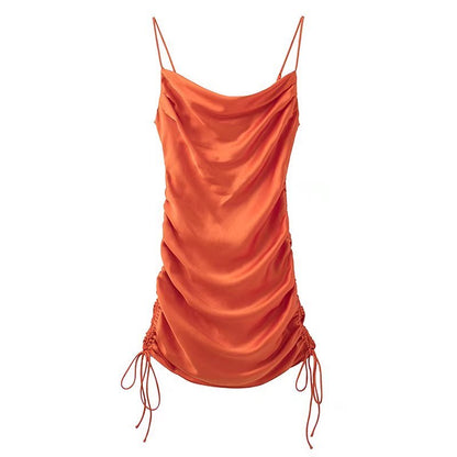 Women's Fashion Pleated Embellished Silk Satin Textured Dress