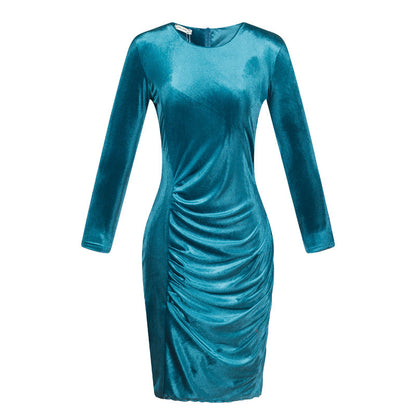 Korean Velvet Slim Long-sleeved Gold Silk Velvet Bag Hip Dress