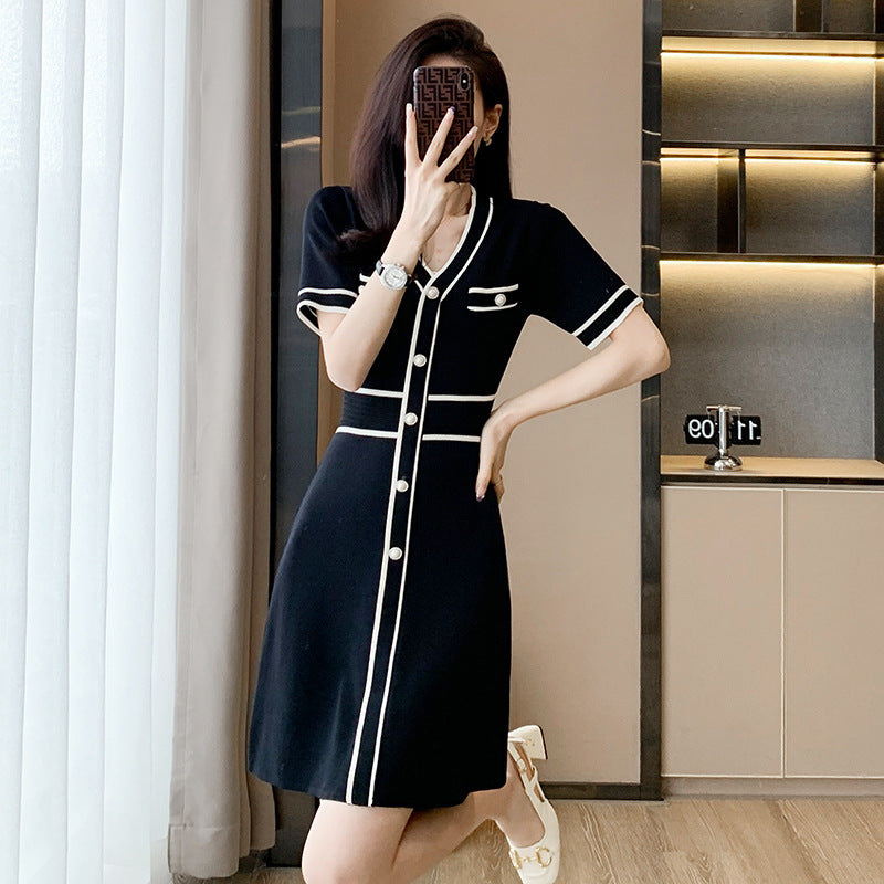 Ice Silk Knitted V-neck High Waist Short Sleeve Slimming A- Line Dress For Women