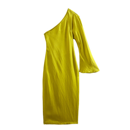 New European And American Style Asymmetric Silk Satin Slit Dress