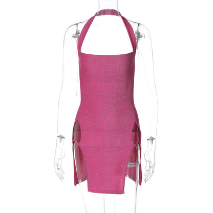 Women's Halter Split Bright Silk Sheath Dress