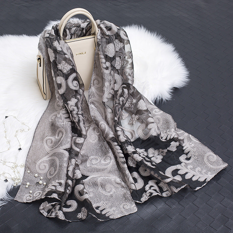 Lace Stitching Cut Flower Paisley Silk Scarf