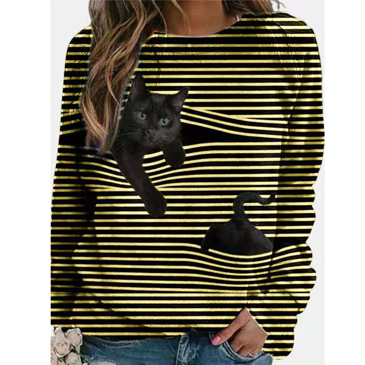 3D Cartoon Pattern Round Neck Stripe Long Sleeve T-shirt