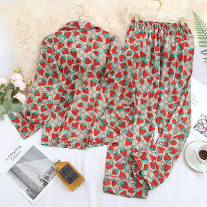 Women's Silk-like Two-piece Strawberry Long-sleeved Homewear