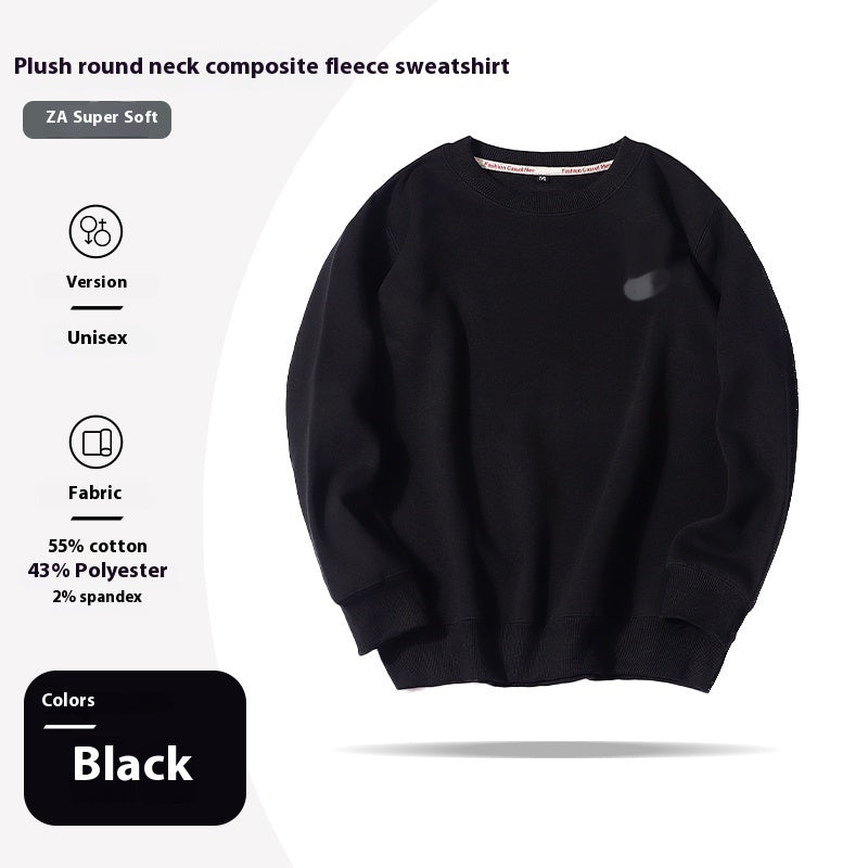 Black plush round neck composite fleece sweatshirt on a white background with product details.
