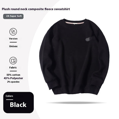 Black plush round neck composite fleece sweatshirt on a white background with product details.