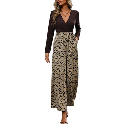 Elegant Women's One-piece Elegant Long-sleeved V-neck Top Wide-leg Pants