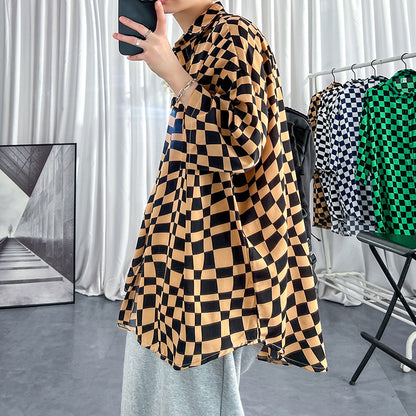Men's Ice Silk Jacket With Checkerboard Three Quarter Sleeve Shirt