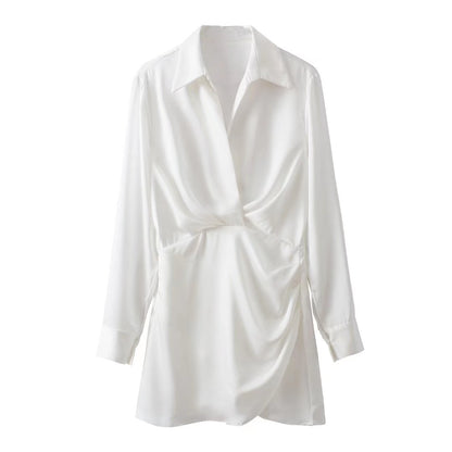 European And American Style Silk Satin Texture Waist Shirt Dress