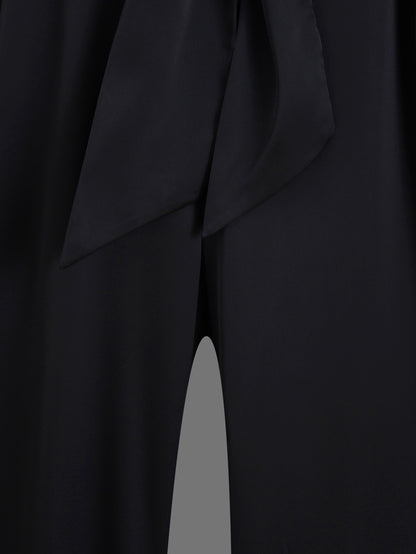 Silk Texture Belt Black Slim Jumpsuit