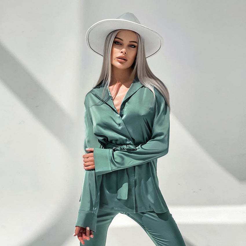 Satin Imitation Silk Green Flared Sleeve Long-sleeved Trousers Suit