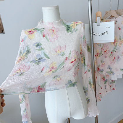 Women's Silk Pleated Half Turtleneck Printed Bottoming Shirt