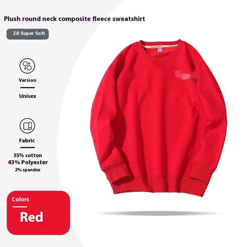 Red plush round neck composite fleece sweatshirt on a white background with product details.