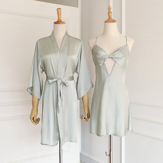 Ice Silk Pajama Suspender With Lace And Chest Pad