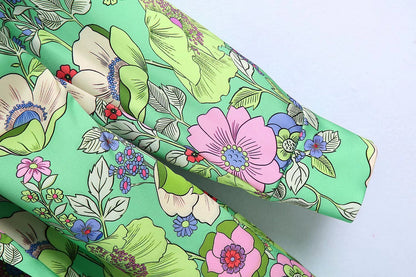 Silk Satin Floral Print V-Neck Dress Short Skirt