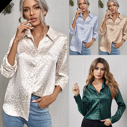 Lapel Button Leopard Jacquard Faux Silk Shirt