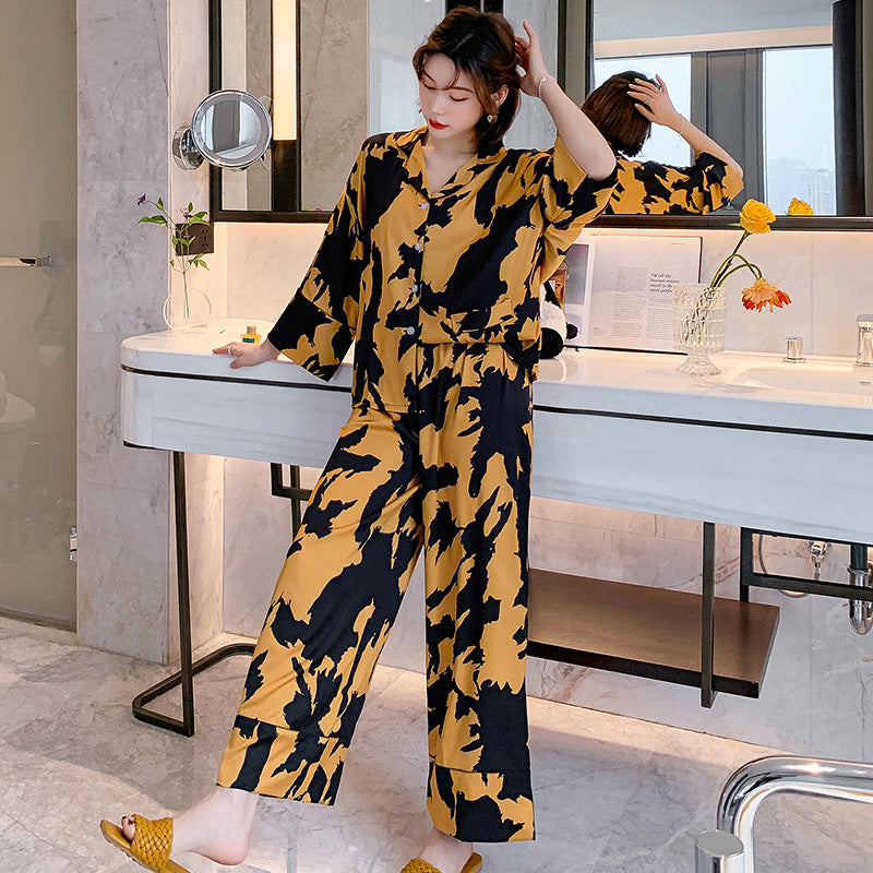 Women's Spring Autumn Long Sleeve Ice Silk Pajamas