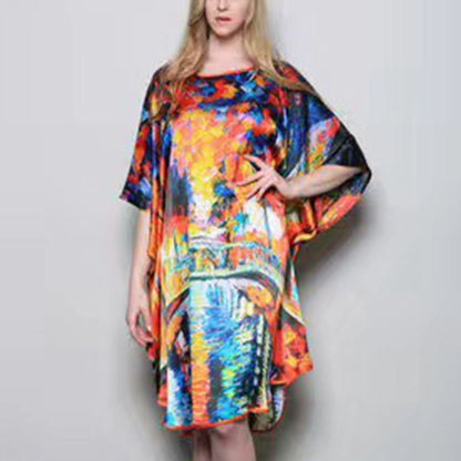 Inkjet Bat Shirt Women's Spring And Summer Home Service New Style Silk Silk Pajamas Nightdress Loose