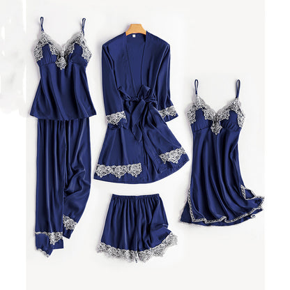 Ice Silk Thin Sling Nightdress Nightgown Five-piece Home Service