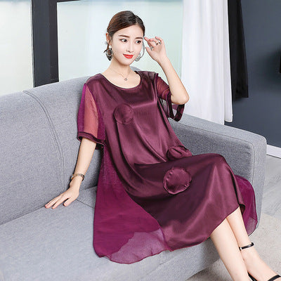 Mom Solid Color Over Knee Faux Silk Dress