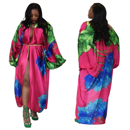 Kimono Silk-like Multi-print Coat