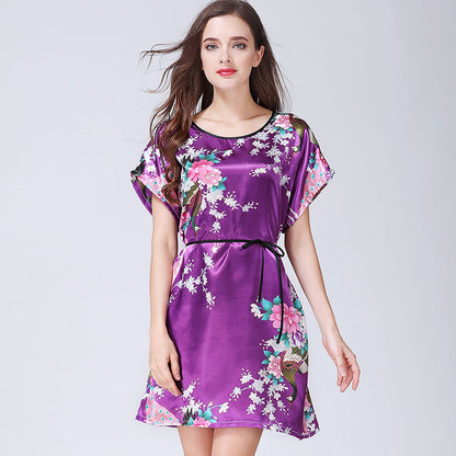 Imitation Silk Nightdress Round Neck And Thin Belt Women's Silk Pajamas
