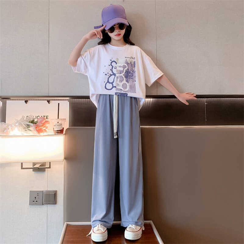 Girls' Ice Silk Wide-leg Pants Two-piece Suit