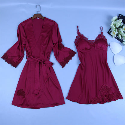 Long Sleeve Ice Silk Sling Nightgown Suit