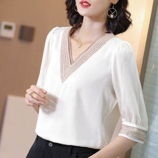 Temperament V-neck silk shirt