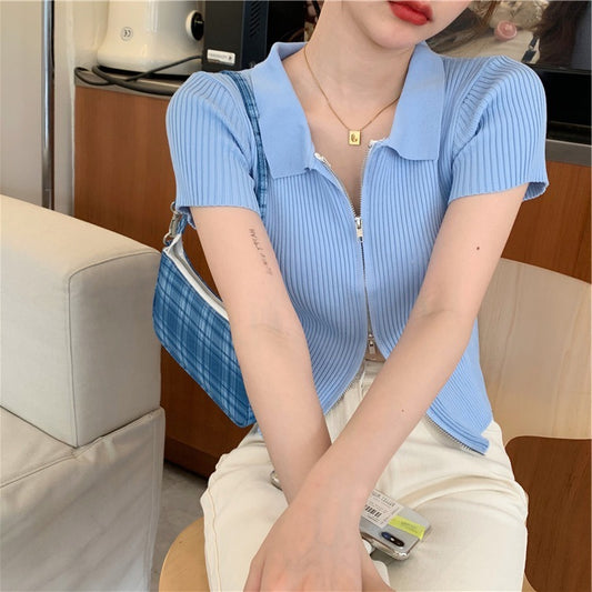 Zip short sleeve ice silk top