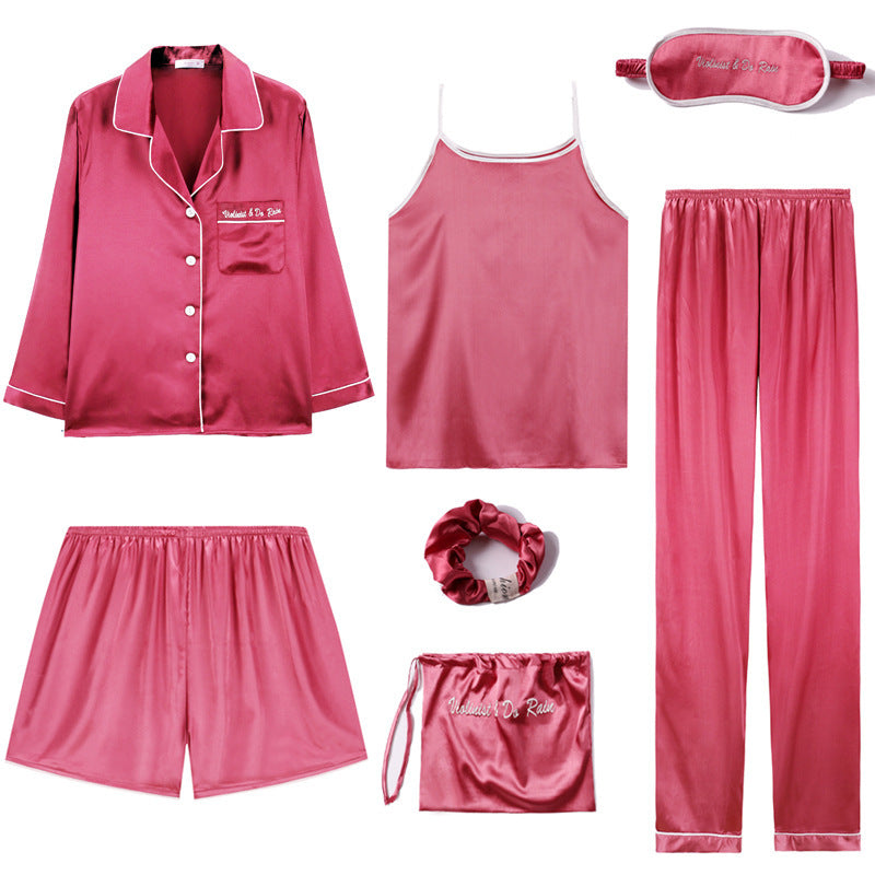 Pajamas long-sleeved ice silk seven-piece suit