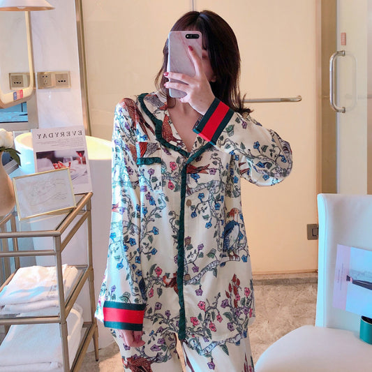 Women's long-sleeved trousers two-piece simulation silk Japanese kimono printed silk cardigan pajamas