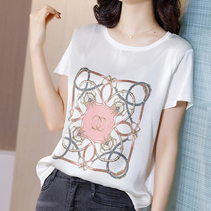 Printed silk white round neck T-shirt