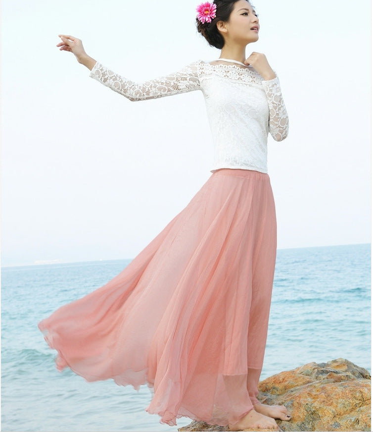 Gold Silk Chiffon Mop Large Swing Dress Elegant Beach Dress