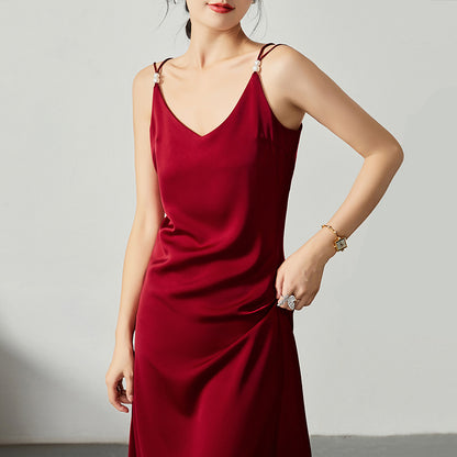 Acetate satin dress V-neck slim high-end temperament silk suspender skirt