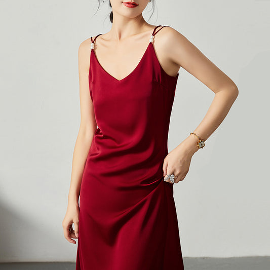 Acetate satin dress V-neck slim high-end temperament silk suspender skirt