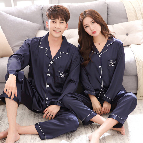Couple pajamas women spring silk long-sleeved pajamas
